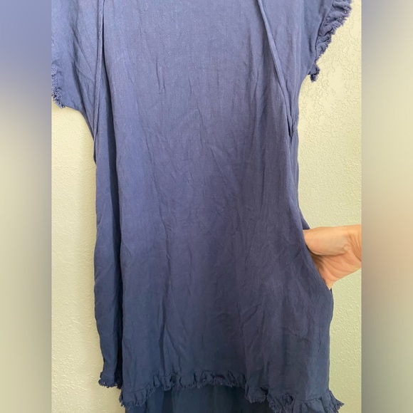 NWOT, Umgee Linen Blend Round Neck Navy Dress w Pockets Fringed Assymetrical Hem - Picture 4 of 13